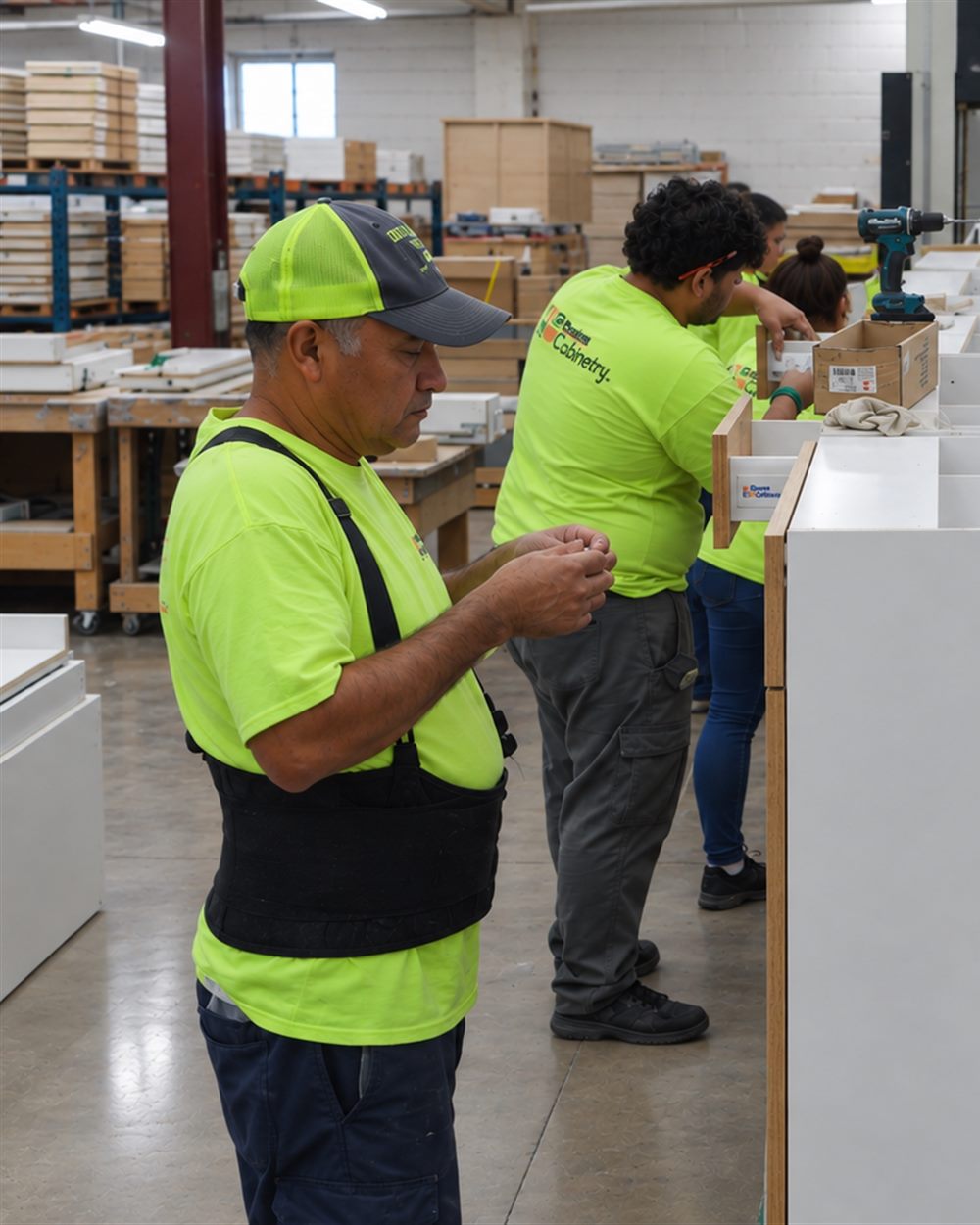 Staff assembling cabinet boxes on the line