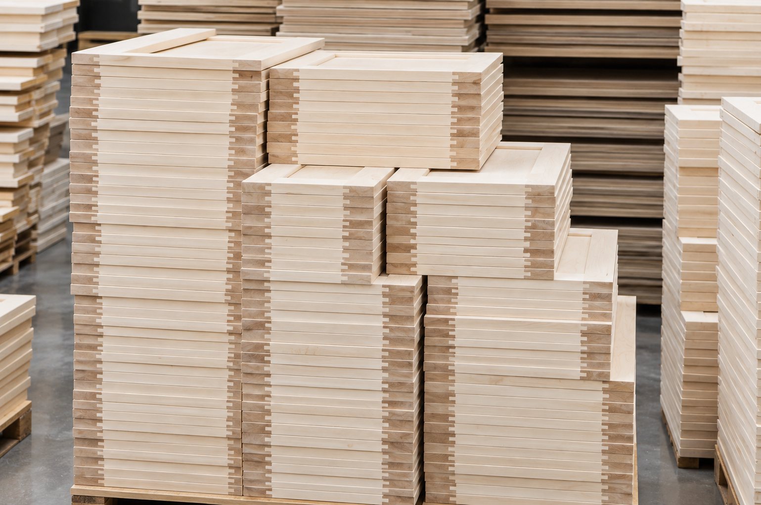 Labeled stacks of cut cabinet panels waiting for assembly