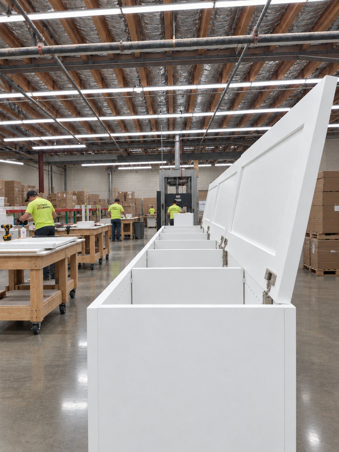 Cabinet boxes moving down the Choice assembly line in Somerville